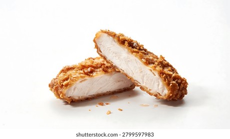 Two breaded and fried chicken breast cutlets, one cut in half, stacked on a plain white background, showcasing crispy golden exterior and white interior.
