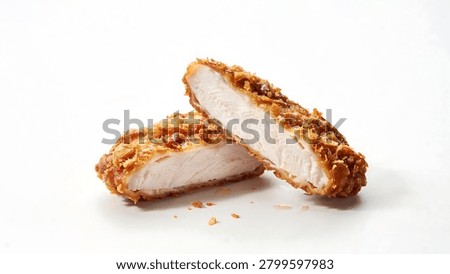 Two breaded and fried chicken breast cutlets, one cut in half, stacked on a plain white background, showcasing crispy golden exterior and white interior.