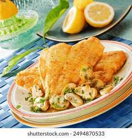 Two breaded and fried sole fillets served with baked mushrooms.Lemons in the background.