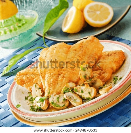 Two breaded and fried sole fillets served with baked mushrooms.Lemons in the background.