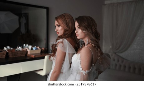 Two bridesmaids in white lace dresses and curled hairstyles posing for wedding photos - Powered by Shutterstock