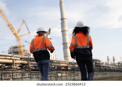 Two brilliant female engineers engaged in a dynamic discussion at a bustling refinery plant in the heart of the industry. Embracing diversity and driving innovation in engineering. - Powered by Shutterstock