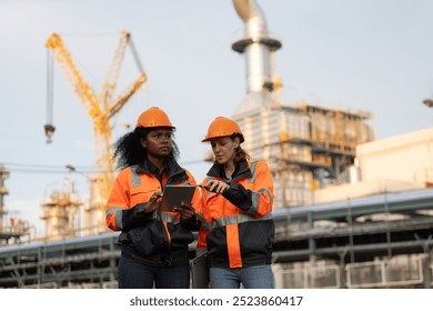 Two brilliant female engineers engaged in a dynamic discussion at a bustling refinery plant in the heart of the industry. Embracing diversity and driving innovation in engineering. - Powered by Shutterstock