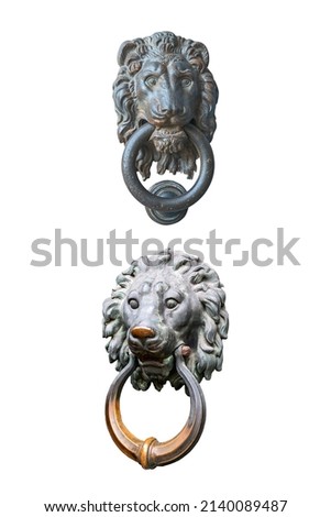 two bronze sculptures of a lion with a menacing look in the form of door handles. The concept of strength, power. Isolated on white background