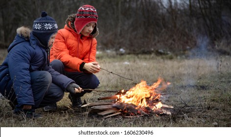 Two Brother Roasting Hotdogs On Sticks At Bonfire. Children Having Fun At Autumn Camp Fire. Camping Kids In Fall Forest.