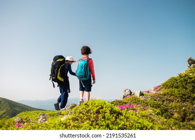 Two brothers on a hike in the mountains, children with backpacks are walking along a mountain trail, outdoor activities with children, sibling, a boy with his brother is traveling - Shutterstock ID 2191535261