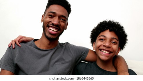 Two Brothers Together Smiling. Black Mixed Race Siblings, Older And Younger Brother