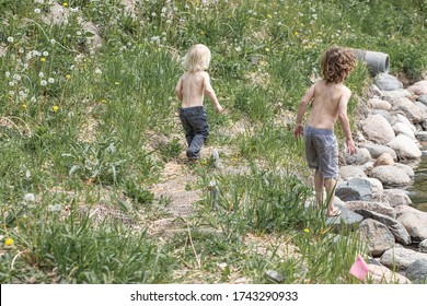 Two Brothers Are Walking And Skipping On Rocks Along A Stream And Grassy Field. They Are Shirtless At Camp On Summer Vacation. The Kids Look Active And Healthy Playing Outdoors In The Sunshine