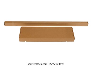 Two brown cardboard packaging boxes in different formats, including a long narrow shipping box and a flat rectangular mailer, isolated on a white background with ample copy space. Ideal for packaging, shipping, logistics, e-commerce, and product presentation concepts
