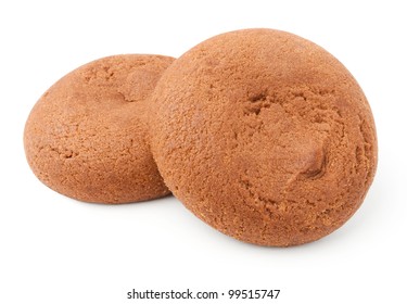 two brown cookies against white background