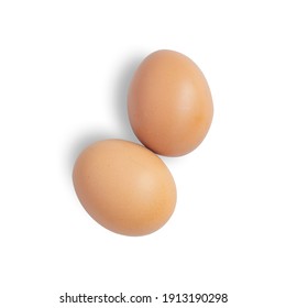 Two Brown Egg On Isolated White Background. Top View Cut Out For Further Use. For Further Use.