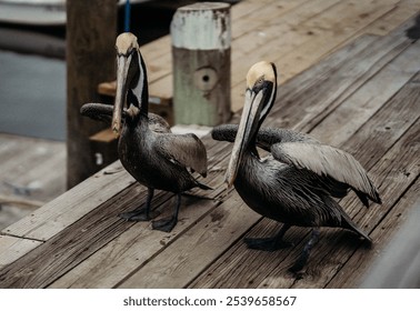 Two brown pelicans standing on a wooden dock. The pelicans are facing each other with their wings partially spread. The background shows a body of water and a wooden post - Powered by Shutterstock