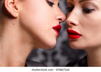 Two Brunettes Almost Kissing