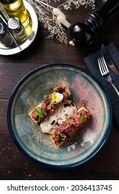 Two Bruschettas With Beef Tartare On A Plate, Crostini With Beef Tartare, Beef Bruschetta, Sandwich With Raw Gourmet Beef Top View, Flat Lay