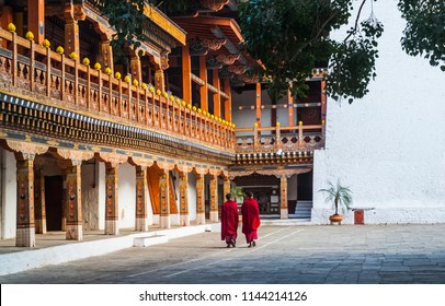 Two Buddhist Monks At Punakha Dzong, Bhutan