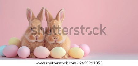 Two Bunnies with Easter Eggs on Pastel Background
Two adorable bunnies nestled among pastel Easter eggs on a pink background, Easter, bunnies, pastel eggs, Easter celebration