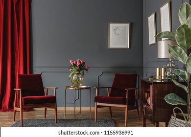 Two Burgundy Armchairs Placed In Grey Living Room Interior With Red Drape. Molding On The Wall With Posters, Fresh Flowers In Glass Vase And Wooden Cupboard