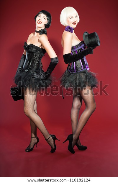 Two Burlesque Pin Women Black Hair People Vintage Stock Image