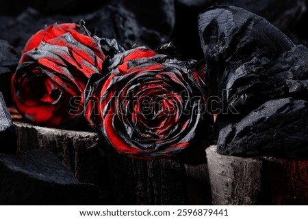 Two burnt roses on a burnt tree. A pair of burnt roses on coals, a burnt house. Selective focus