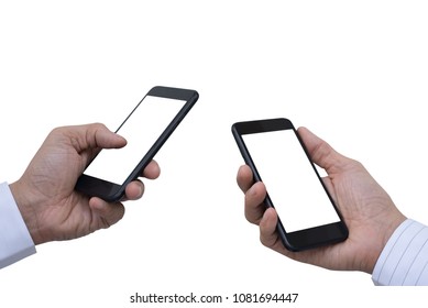 Two Business Men Hand Using Mobile Smart Phone Isolated On White Background, Mock