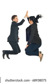 Two Business People Jumping And Giving High Five In The Air Isolated On White Background