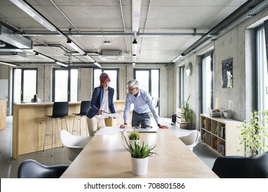 Two Business People In The Office Talking Together.