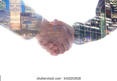 Two Business People Shaking Hands As Symbol Of Agreement, Consolidation, Business Development And Support. Multiple Exposure Image