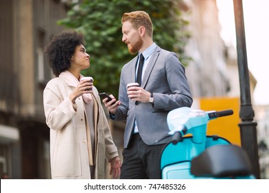 Two Business People Talking Outside Company With Holding Coffee Break Relaxing Time Concept.