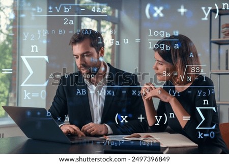 Two business professionals analyzing data on a laptop with mathematical formulas overlay, in a modern office setting, representing data analysis and teamwork