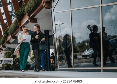 Two business professionals collaborating and discussing documents in an outdoor urban setting, reflecting teamwork and partnership in a corporate environment. - Powered by Shutterstock