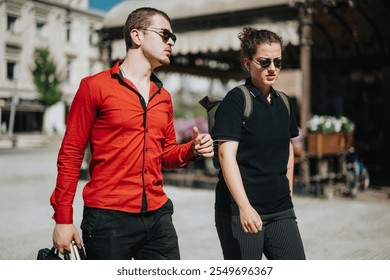 Two business professionals engage in a discussion while walking on an urban street. Both are wearing sunglasses and casual business attire. - Powered by Shutterstock