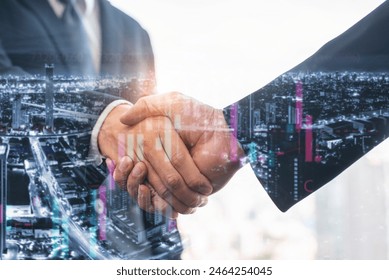 Two business professionals shaking hands with a cityscape and financial data overlay, symbolizing corporate partnership and economic growth. - Powered by Shutterstock