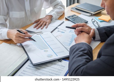 Two business team discussing and planning strategy company growth project success financial statistics, Partner meeting professional investor working start up project for both company with document.