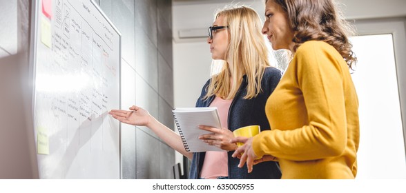 Two business woman discussing in front of the whiteboard in the office