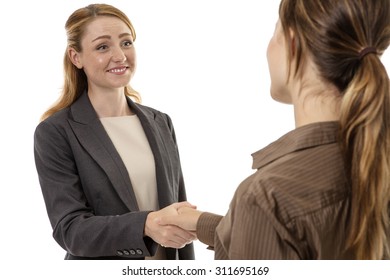 Two business woman shaking hands together