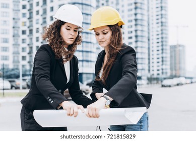 Two Business Women Building Helmets Safety Stock Photo 721815829 ...