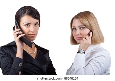 Two Business Women Talking On Mobile Phone, Isolated On White Background