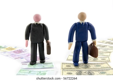 Two Businessman Figures Walking Together, One Coming From Euro Path, The Other From Dollar Path. Euro And Dollar Path Are Now Side By Side, A Concept Of Cooperation.