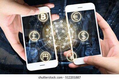 Two Businessman hands holding smartphones. Fintech concept , Peer-to-peer concept with map and world connect , hi-tech building abstract background