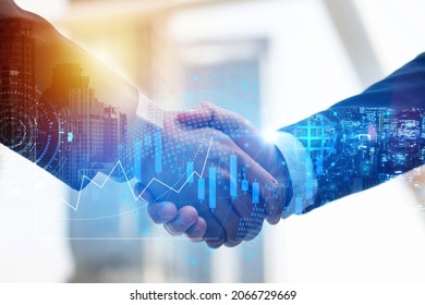 Two businessman investor handshake with effect global world map network link connection and graph chart stock market diagram, digital technology, internet communication, partnership meeting concept