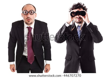 two businessman one with thick glasses and one with a binocular isolated over a white background