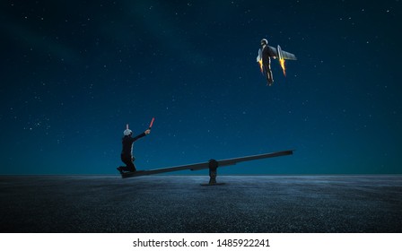 Two businessman in rocket suit try to fly with lever help ,business teamwork with success surreal concept .