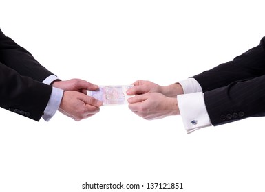 two businessmen fighting over money isolated on white