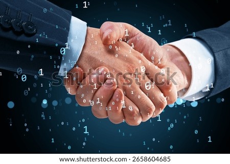 Two businessmen shaking hands with binary code overlay, digital style on dark background, concept of virtual business partnership
