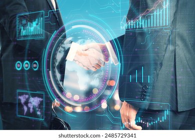 Two businessmen shaking hands with futuristic digital overlays including graphs and a world map on blue background, concept of technology in business