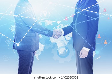 Two Businessmen Shaking Hands Over Word Map Background With Graphs. Concept Of Hi Tech And Telecommunication In Business. Toned Image Double Exposure