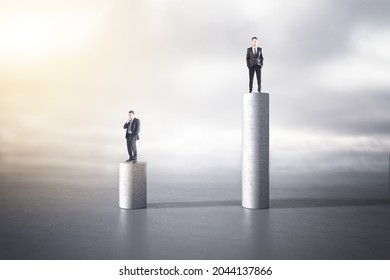 Two Businessmen Standing On Abstract Pillars On Sky Background. Teamwork, Worker And Boss Concept