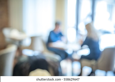 Two Businessmen Talking In Conference Room. Blur Abstract Background Interior Business Office Working Space With Pc Personal. Business Discussion People. Blurry Comfy View Workplace