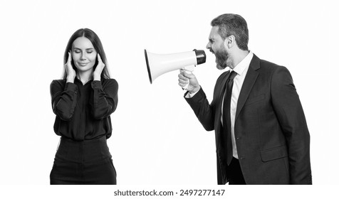 two businesspeople arguing with loudspeaker. photo of businesspeople arguing with loudspeaker. - Powered by Shutterstock