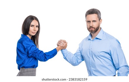 two businesspeople competing in arm wrestling isolated on white. confrontation in office. business competitors doing arm wrestling. competition for leadership. business competition - Powered by Shutterstock